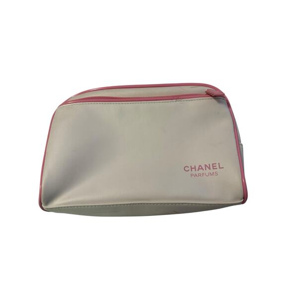 CHANEL Parfums Cosmetic Makeup Bag White with Pink Trim Travel Pouch - Picture 1 of 7